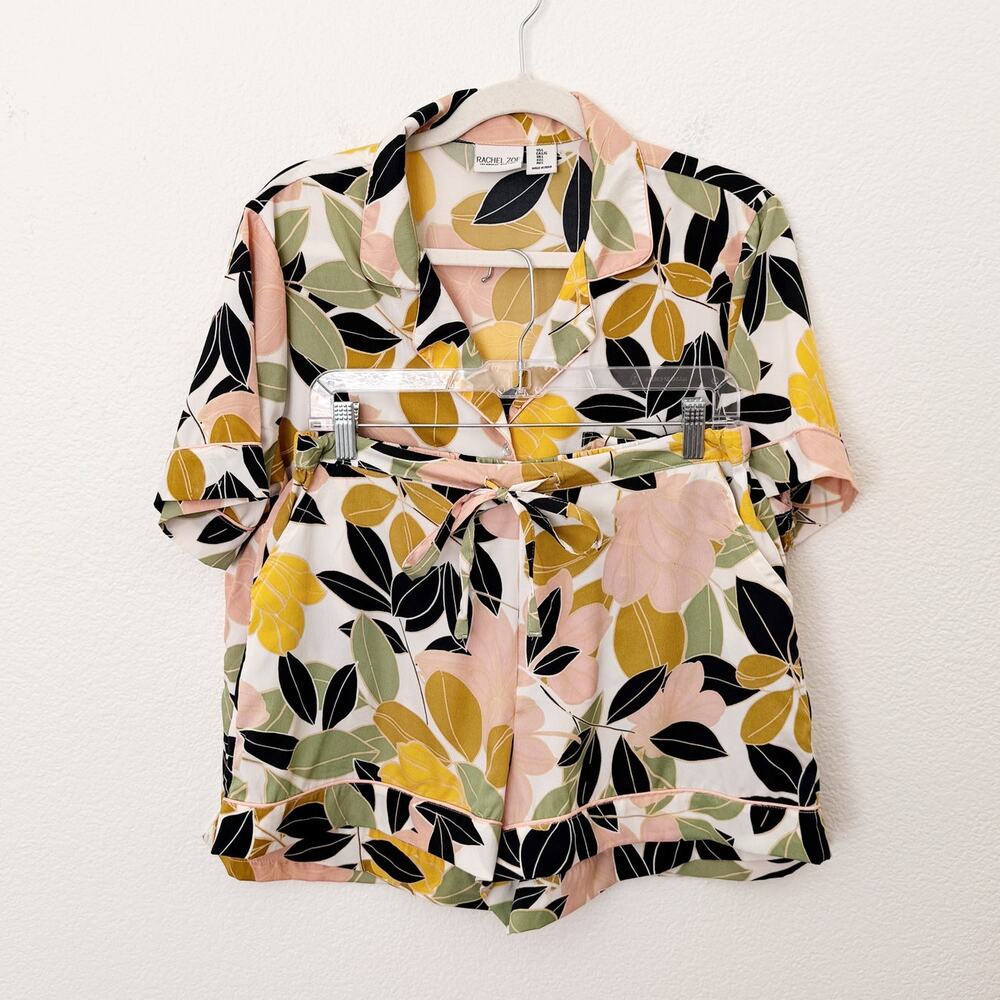 [Rachel Zoe] Floral Leaf Print Satin Short Sleeve Matching Pajama Set Sz Large L